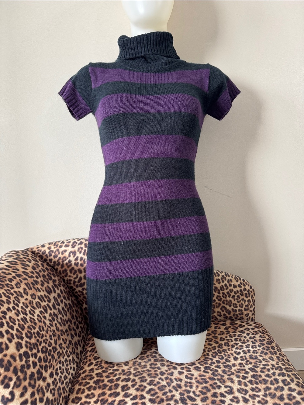 Y2K Purple & BlackStriped Turtleneck Short-Sleeve Early 2000s Sweater Dress